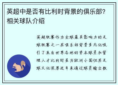 英超中是否有比利时背景的俱乐部？相关球队介绍